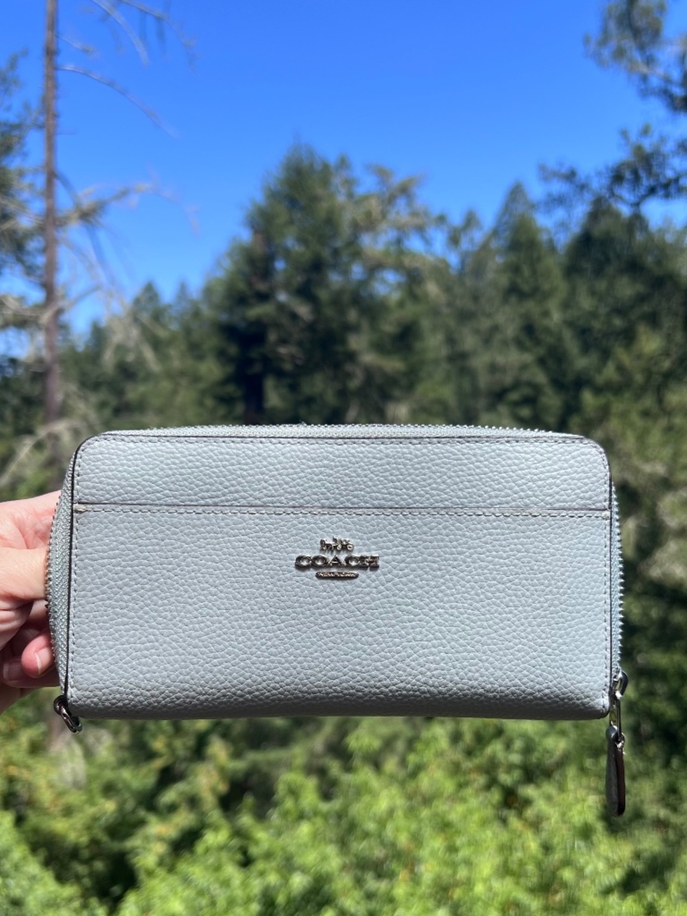 COACH Long Zip-Around Baby Blue Pebble Leather Wallet Silver Hardware AUTHENTIC